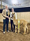 Anna-Klara med alpackan Emporia Dante när han vinner Supreme Champion (utställningens finaste alpacka) 2021.