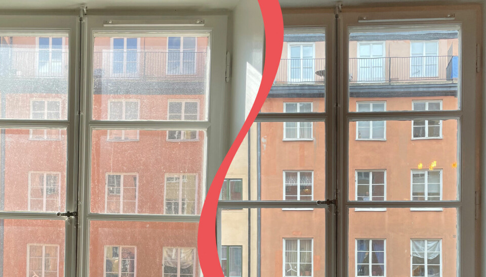FÖRE och EFTER: Vardagsrummets vänstra fönster fotat innan tvätten – det var rejält smutsigt. Det högra fönstret är tvättat med eget medel – och blev rent och fint. FÖRE och EFTER: Vardagsrummets vänstra fönster fotat innan tvätten – det var rejält smutsigt. Det högra fönstret är tvättat med eget medel – och blev rent och fint.