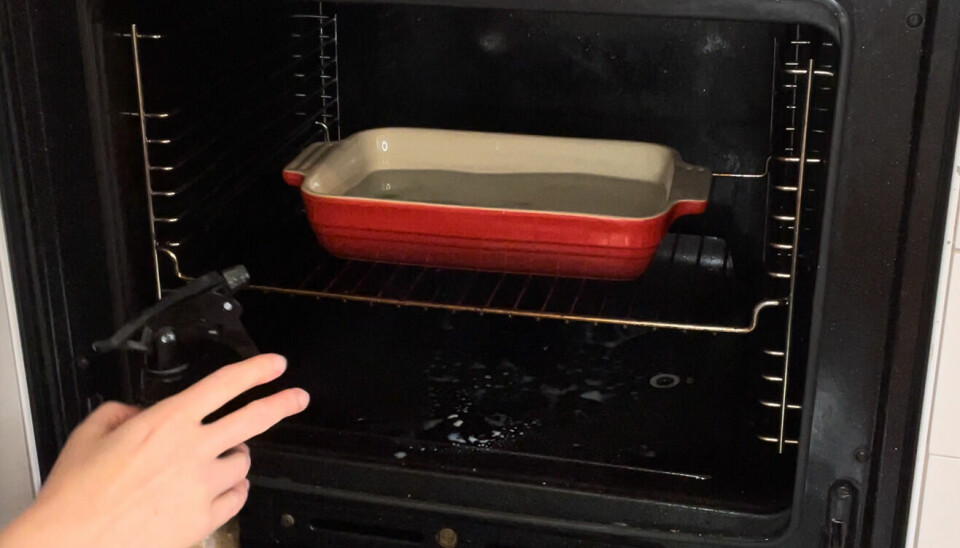 Spreja såpa i ugnen och se till att det börjar ånga från blandningen av vatten och såpa i formen. Spreja såpa i ugnen och se till att det börjar ånga från blandningen av vatten och såpa i formen.