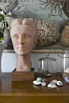 Keramikansikte av Carin Nilson från 1948, köpt på Auctionet. Under glaskuporna ligger bland annat en leopardsnäcka som Annas mormor plockade i Stilla havet.