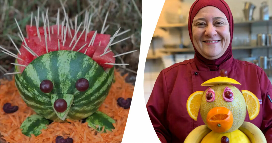 Förskoleskocken Ibtihaj gör kreativa figurer av frukt och grönsaker