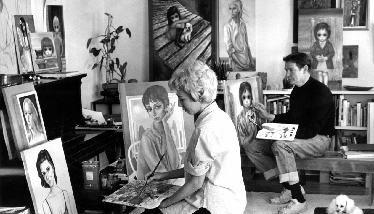Margret och Walter Keane målar porträtt.