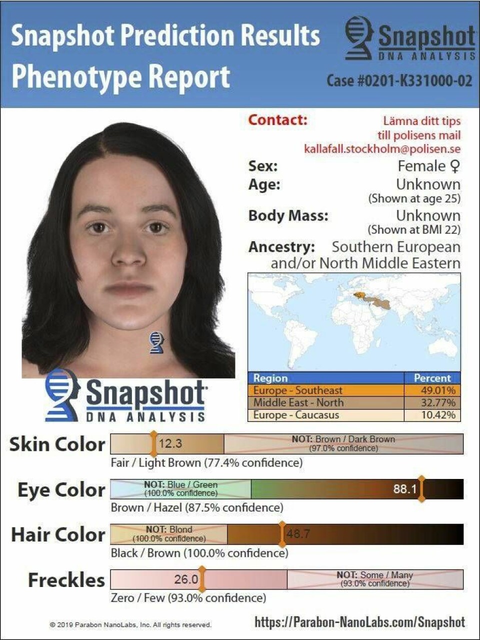 En fantombild har skapats för att visa hur kvinnan, vars dna fanns på brottsplatsen, skulle kunna ha sett ut som 25-åring. Men den bygger på sannolikheter och antaganden och ska inte uppfattas som ett fotografi av en misstänkt gärningsperson. En fantombild har skapats för att visa hur kvinnan, vars dna fanns på brottsplatsen, skulle kunna ha sett ut som 25-åring. Men den bygger på sannolikheter och antaganden och ska inte uppfattas som ett fotografi av en misstänkt gärningsperson.