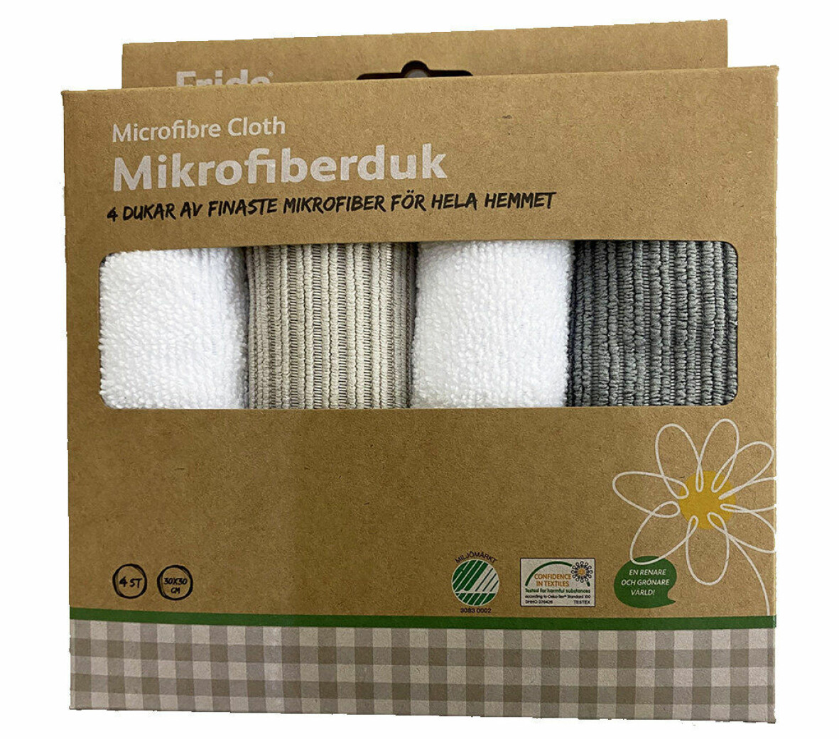 4-pack miljömärkta mikrofiberdukar.