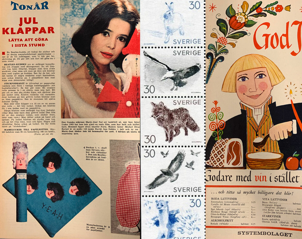 Beatleskudde att göra själv, de första julfrimärkena och Systembolagets julbudskap att vi skulle dricka vin i stället för sprit. Foton i collaget:Hemmets Veckotidning och TT. 60-tals annons , kudde att sy, första rabattfrimärkena.