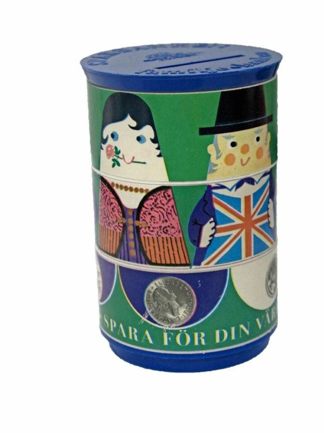 Dåtidens Rubiks kub. Pusselsparbössan från 1964 har tre vridbara fält. Bara den som lyckas hitta rätt kombination av figurer, folkdräkter och valuta kan öppna sparbössan. Höjd 8,5 cm. Värde ca 100 kr. Bild: Sparbanken Pusselsparbössan från 1964