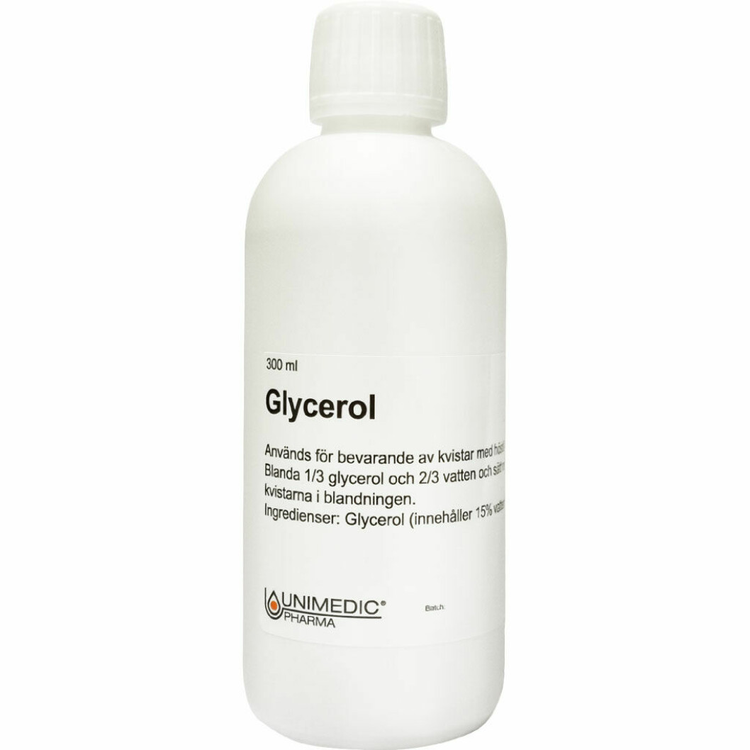 Glycerin, 300 deciliter. <a target="_blank" rel="nofollow" href="https://www.apoteket.se/produkt/glycerol-ab-unimedic-300-ml-250444/">Finns att köpa på Apoteket för 60 kronor här</a>.