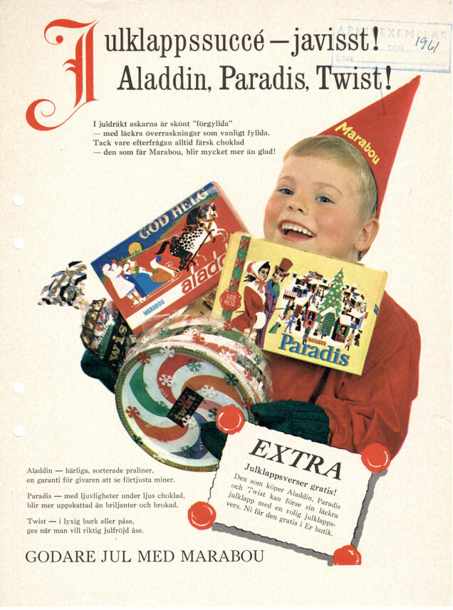 Reklam från 60-talet. Barn som håller i flera chokladaskar från Marabou, däribland Aladdin. Reklam från 60-talet. Barn som håller i flera chokladaskar från Marabou, däribland Aladdin.