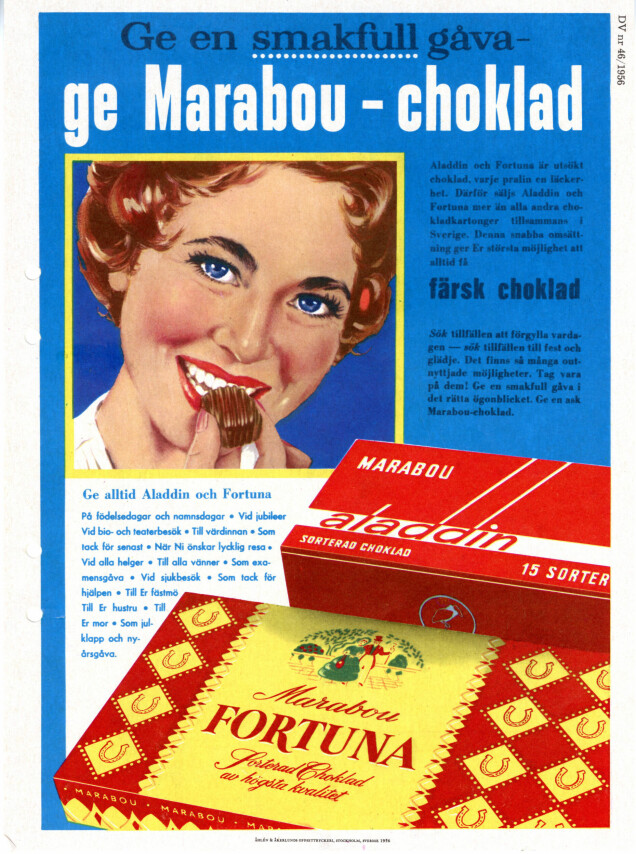 Tidig reklam från godismakaren Marabou. Tidig reklam från godismakaren Marabou.