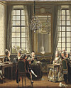 Många eleganta småbord fanns vid det gustavianska hovet. Bilden visar en del av målningen Konversation på Drottningholm från 1779 av Pehr Hillerström (1732–1816). Till höger om spegeln ses drottning Sofia Magdalena vid ett elegant sybord av Georg Haupt (1741–84) och till vänster sitter änkedrottning Lovisa Ulrika med sitt handarbete vid ett sybord med typiska rokokoben. Målningen finns idag på Nationalmuseum i Stockholm.