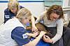 Veterinären Camilla Warnholtz, djursjukvårdaren Nicole Gawronska och matte Anette håller i Bosse under tiden han ger blod.