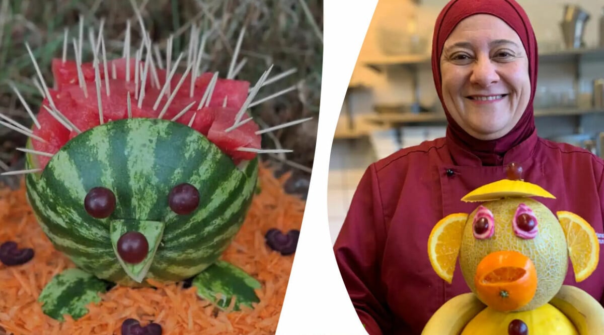 Förskoleskocken Ibtihaj gör kreativa figurer av frukt och grönsaker