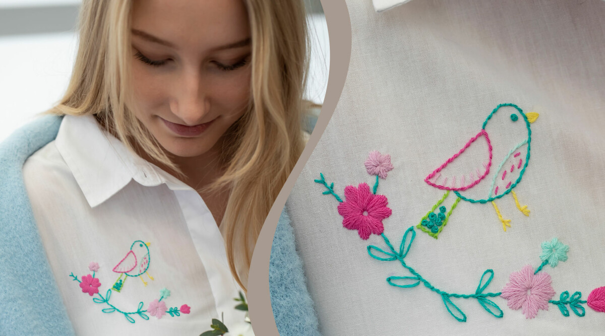 Söt fågel och skira blommor – gratis broderimönster