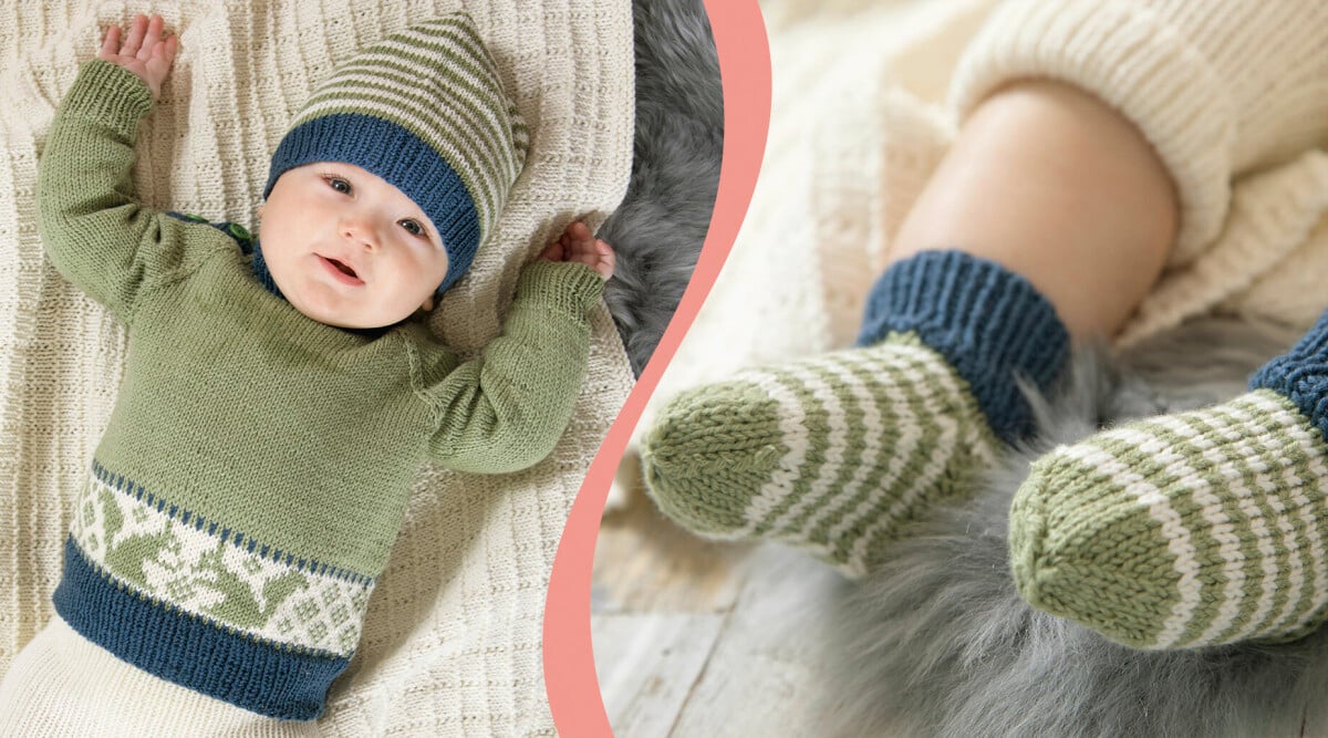 Sticka babyset med söta ekorrar – tröja, byxor, mössa och sockor