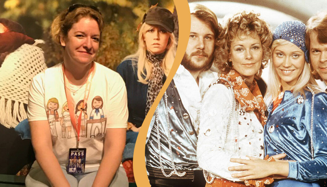 Delad bild. Till vänster syns Ann Dahlqvist fotograferad på Abba-museet. Till höger syns Abba i scenkläder på ett fotografi från 70-talet.
