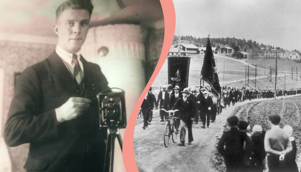 Delad bild. Till vänster Evert Edberg på ett svartvitt foto som han själv tagit med hjälp av en spegel. Till höger den berömda bilden från demonstrationståget i Ådalen 1931 som Evert tog.