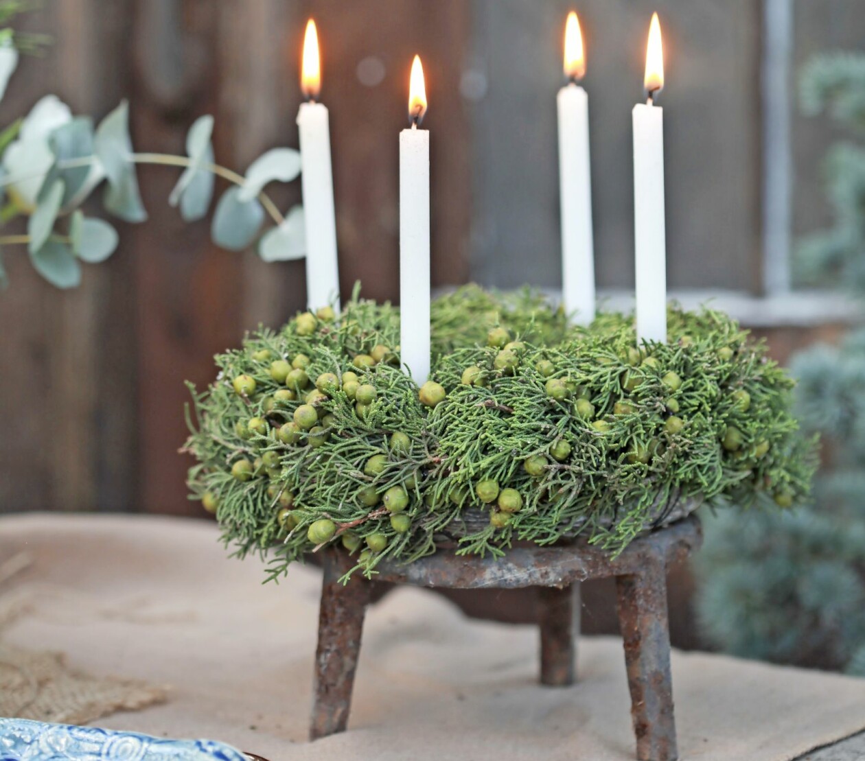 Mjuken är lätt att arbeta med och sticks inte. Har du tur hittar du en bunt som har bär. Tips! En krukstöd i metall fungerar fint även under en krans. Eller lägg kransen på en bricka. Adventskrans med ljus till bordet.