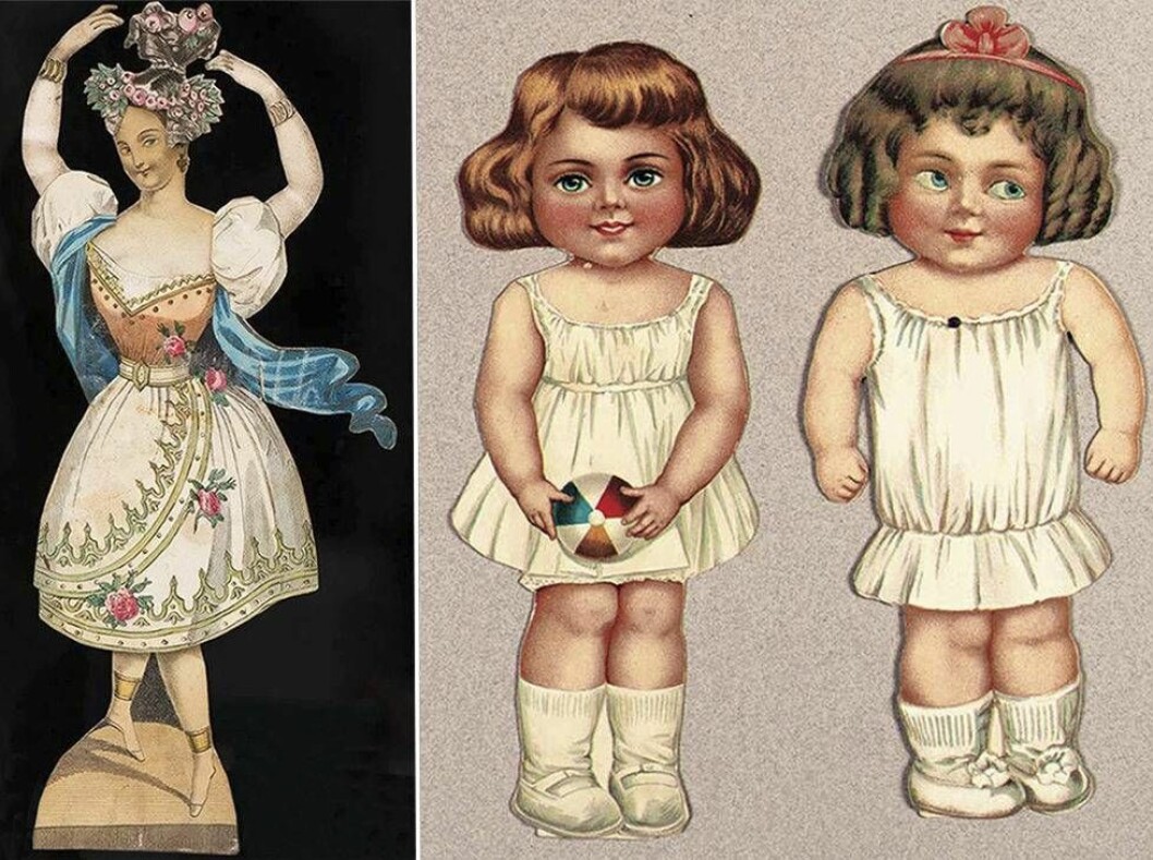 Marie Taglioni, den svenskfödda ballerinan som blev den första kändis-pappersdockan. T h typiska 1920-tals klippdockor. Äldre klippdockor.
