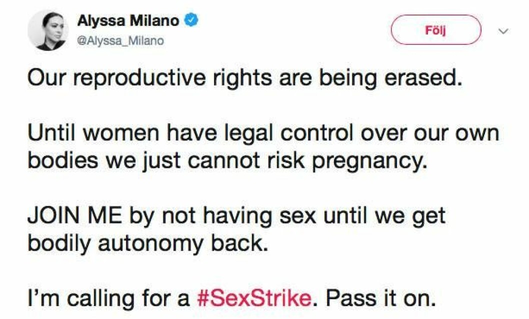 Skådespelerskan Alyssa Milano protesterar på Twitter mot den nya abortlagen i Alabama.