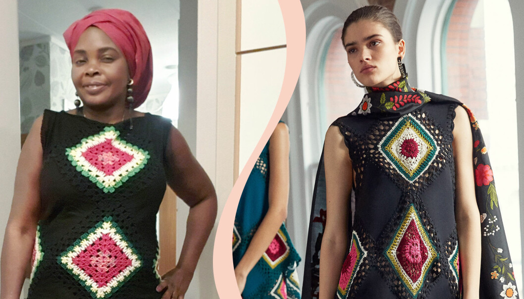 Amina Yusuf Nassim virkar utan mönster. Såg bild på svart virkad klänning av designern Oscar de la Renta och gjorde egen version.