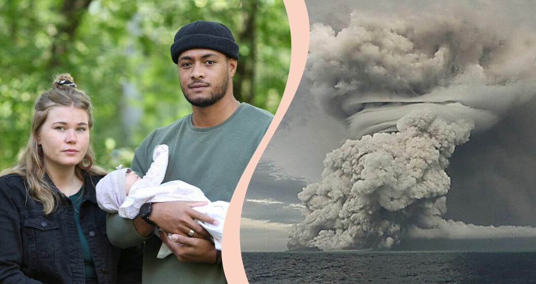 Andréa Sunna med maken Paluki och dotter Maleah på ena bilden, på andra bilden i montaget ses ett stort stigande svampmoln från undervattenvulkanens utbrott.