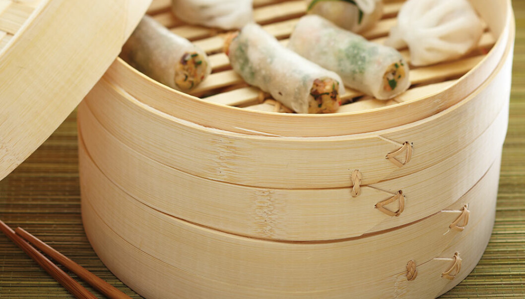 Ångkokare i bambu för dumplings och vårrullar.