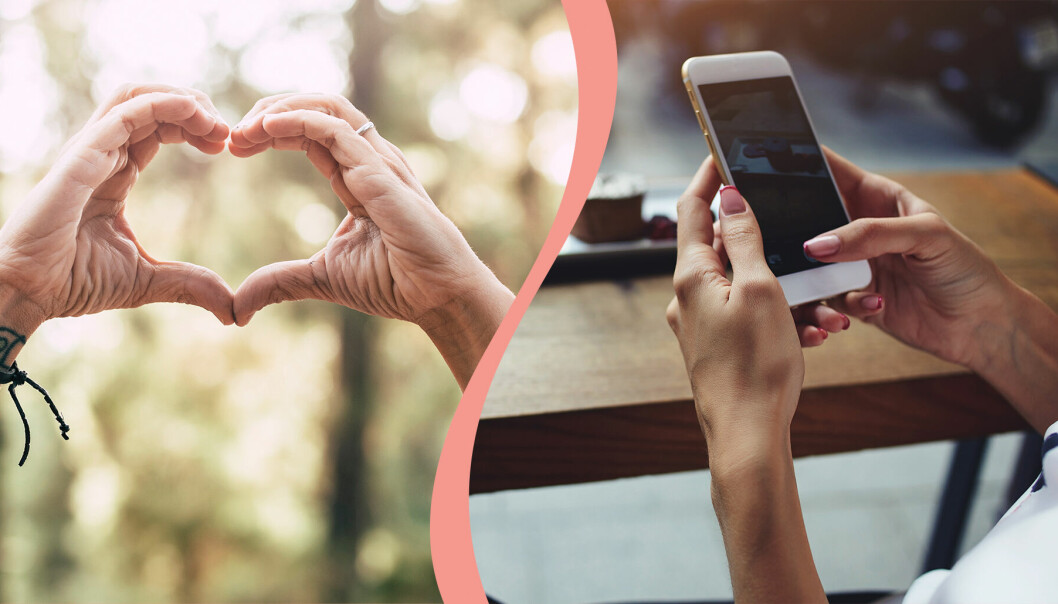 Till vänster, ett par händer gör ett hjärta med skog som bakgrund, till häger en kvinna som håller i en mobiltelefon.