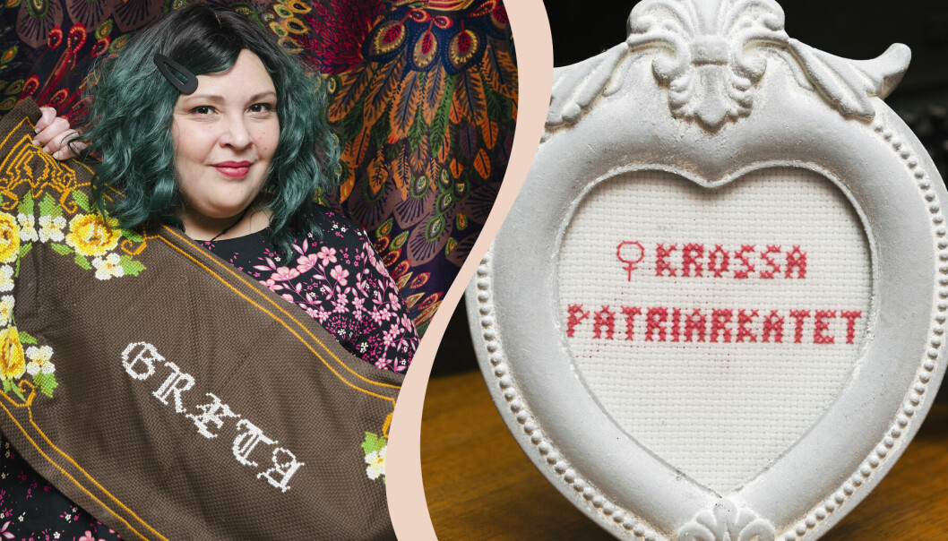 Delad bild: Arlene Stridh med ett broderi som hyllar miljöaktivisten Greta Thunberg, samt en broderad tavla som säger Krossa patriarkatet.