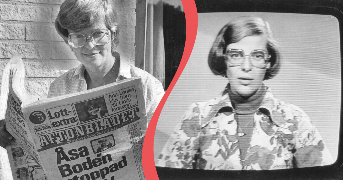Till vänster: Åsa Bodén läser Aftonbladet med rubriken Åsa Bodén stoppad från tv. Till höger: Åsa Bodén i tv-rutan i slutet av 1970-talet.