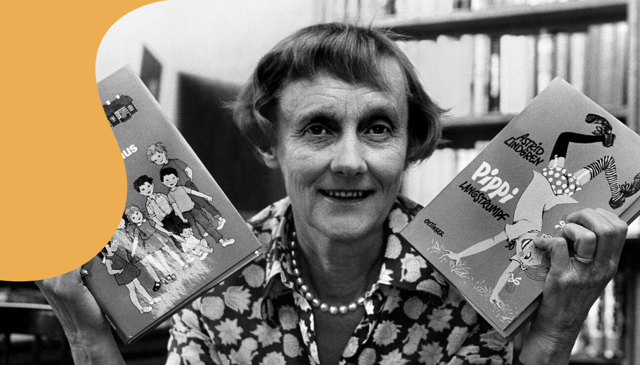 Porträtt av Astrid Lindgren med böcker i händerna