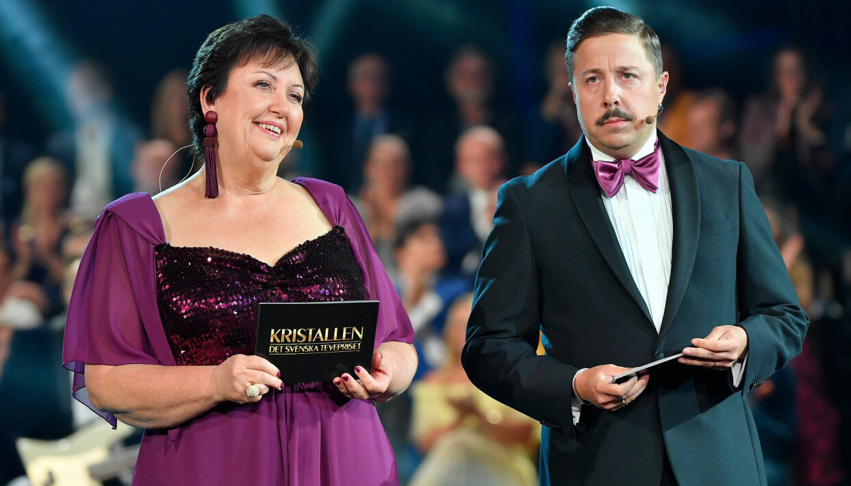 Babben Larsson och David Sundin som programledare för Kristallengalan 2019. Foto: Karin Törnblom/TT Babben Larsson och David Sundin som programledare för Kristallengalan 2019 på Cirkus i Stockholm.
