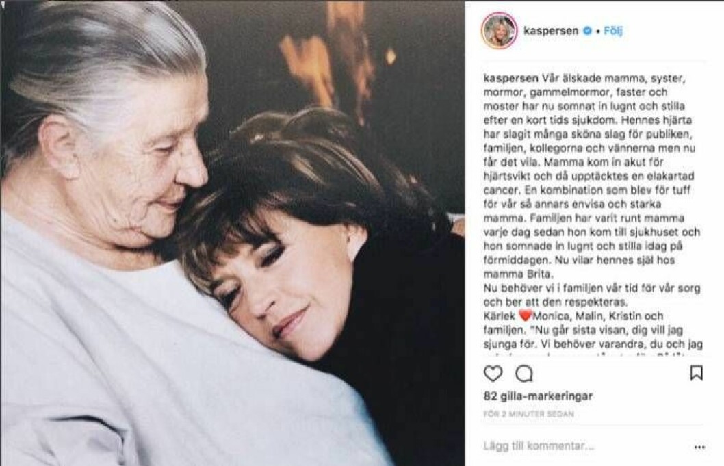 Kristin Kaspersens fina meddelande från familjen efter Lill-Babs tragiska död.