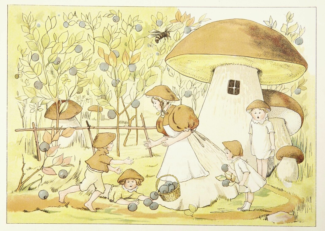 Illustration av Elsa Beskows svampfamilj i gula och bruna nyanser.