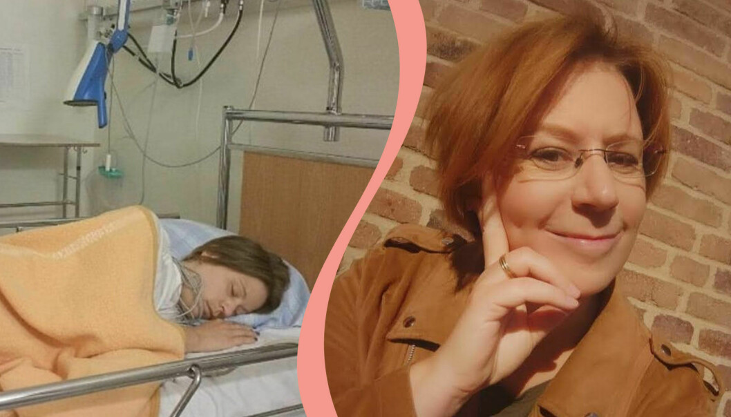 Delad bild. Till vänster Bianca Zenonsson sovande i en sjukhussäng. Till höger en selfie på en leende Bianca, iklädd brun jacka och glasögon.