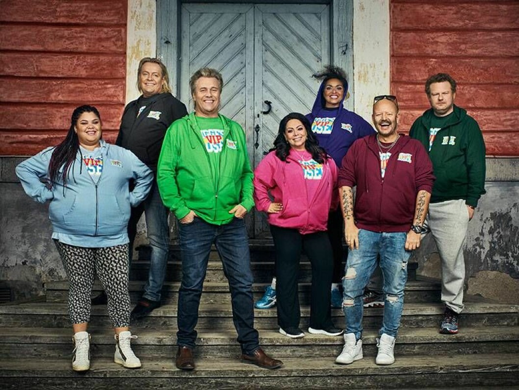Biggest loser-gänget från vänster: Loulou Lamotte , Runar Søgaard, Farmen-profilen Jan ”Blondie” Hammarlöf, Anna Book, Camilla Henemark, kändisstylisten Jonas Hallberg och Ullared-Morgan Karlsson. Deltagarna i ”Biggest loser VIP” 2017