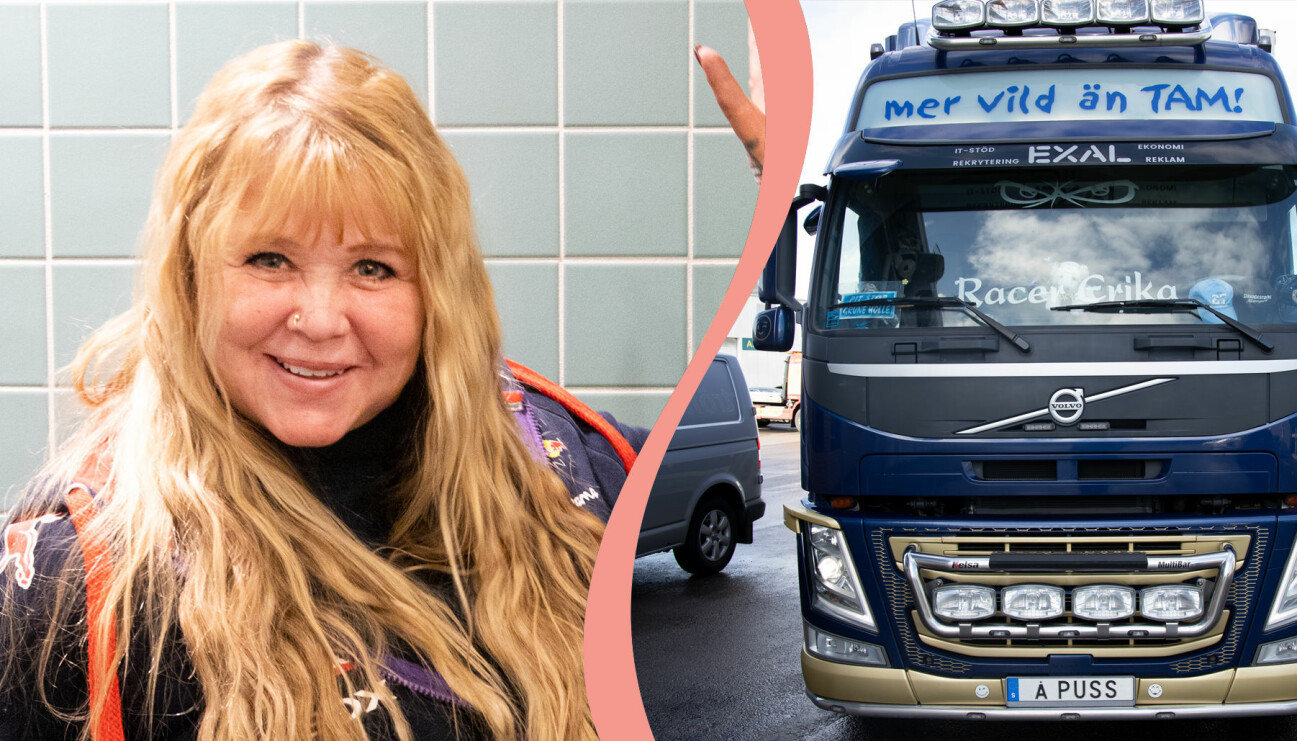 Bild på lastbilschauffören Erika Trell och hennes lastbil med dekaler.