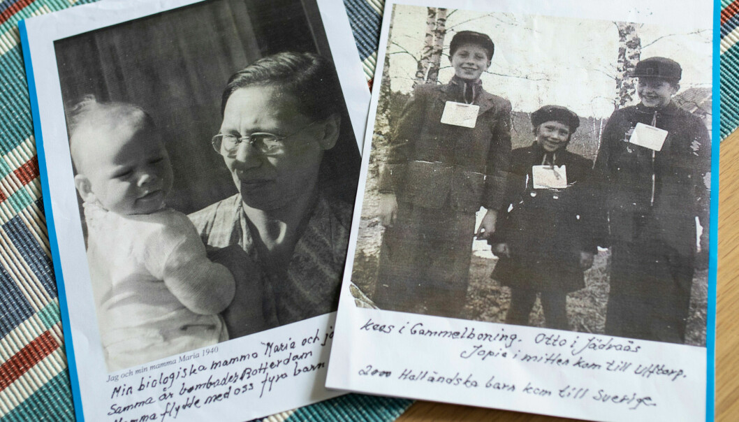 Jopie med mamma Maria och med Otto och Keis, två äldre pojkar som såg till henne på resan till Sverige. Bild på två gamla svartvita. fotografier på Jopies mamma och två pojkar.