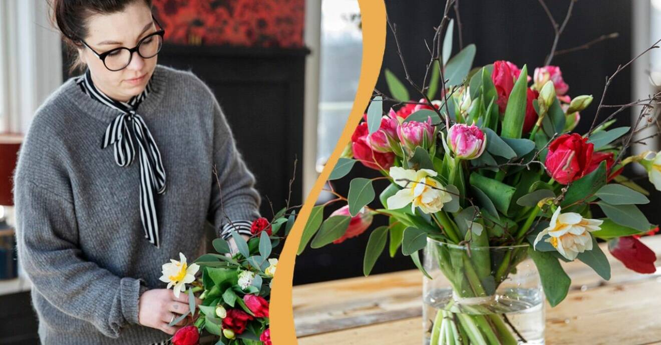 Floristen Stina Kjellson visar hur man binder tulpanbuketter.