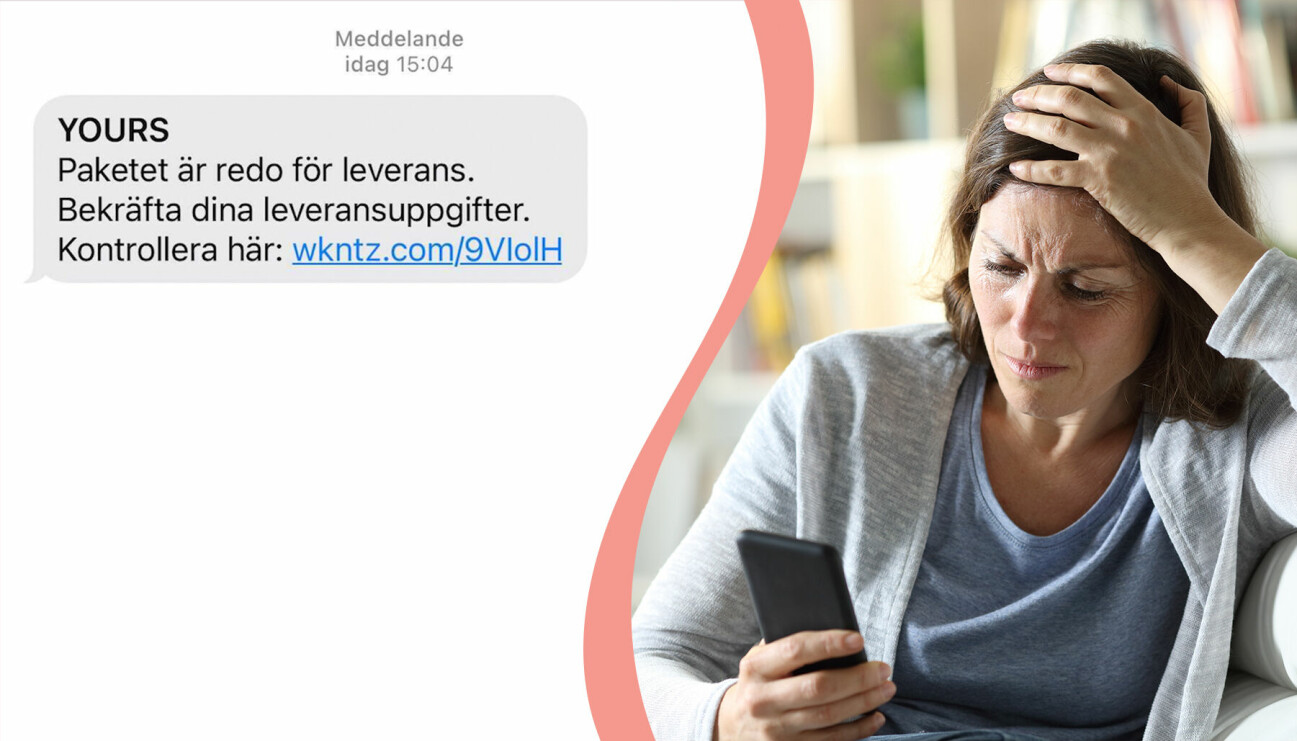 Skärmdump av SMS och kvinna som oroat kollar sin mobil