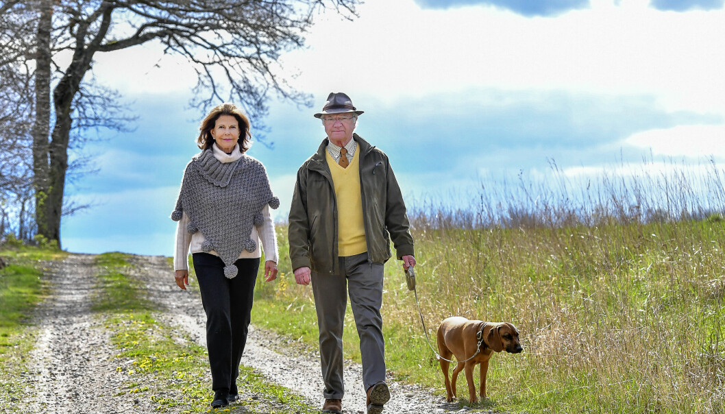 Drottning Silvia och Kung Carl Gustaf på promenad med hunden Brandie.
