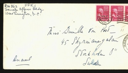 Brevväxlingen mellan Gunilla von Post och John F Kennedy var intensiv. Brev som poststämplat i Washington D.C, USA, från JFK till Gunilla von Post
