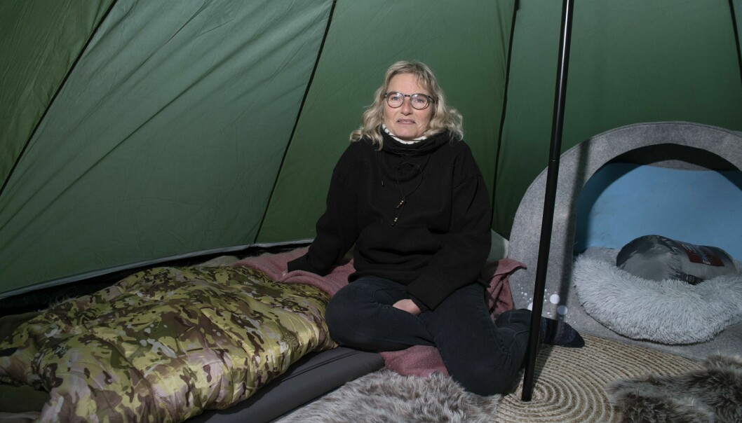 Cana sitter på sin luftmadrass och sovsäck inne i tältet och bredvid henne står en hundkorg.