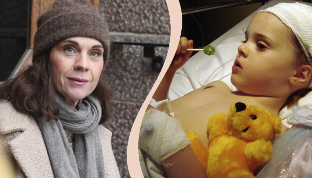 Delad bild, Catrin Kylberg och hennes dotter Leia i sjukhussängen.
