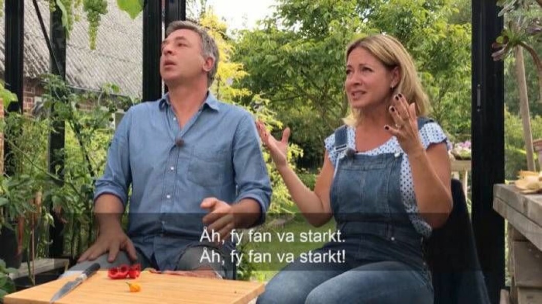 Foto: SVT Tareq Taylor och Pernilla Månsson Colt gråter och har svårt att andas efter att ha provat en av världens starkaste chilis.