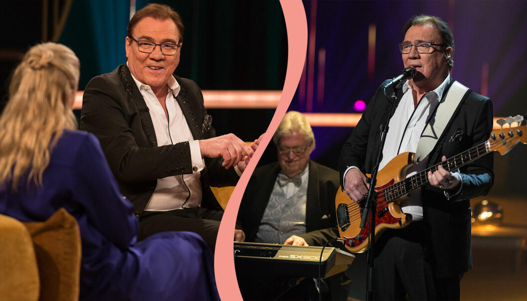 Till vänster, journalisten Carina Bergfeldt intervjuar dansbandsikonen Christer Sjögren, till höger, Christer Sjögren på scen.