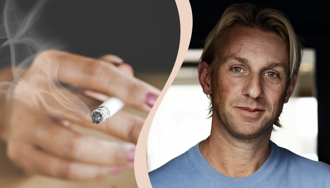 Anders Hansen och en hand med en rökande cigarett