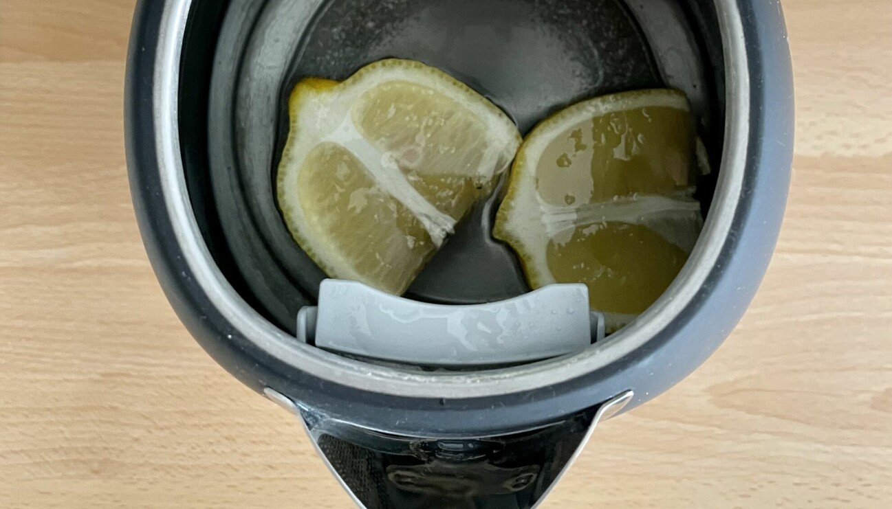 En öppen vattenkokare med en delad citron i.