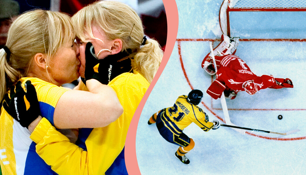 Foto: Till vänster, Eva Lund och Anette Norberg vinner OS-finalen i curling 2010, till höger Peter Forsberg gör mål i OS-finalen 1994.