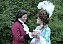 Daniel och Victoria utklädda till högtidsklätt 1700-talspar på maskeradbal.