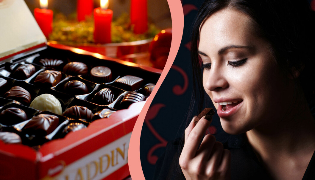 Delad bild med en Aladdinask och en kvinna som äter choklad.